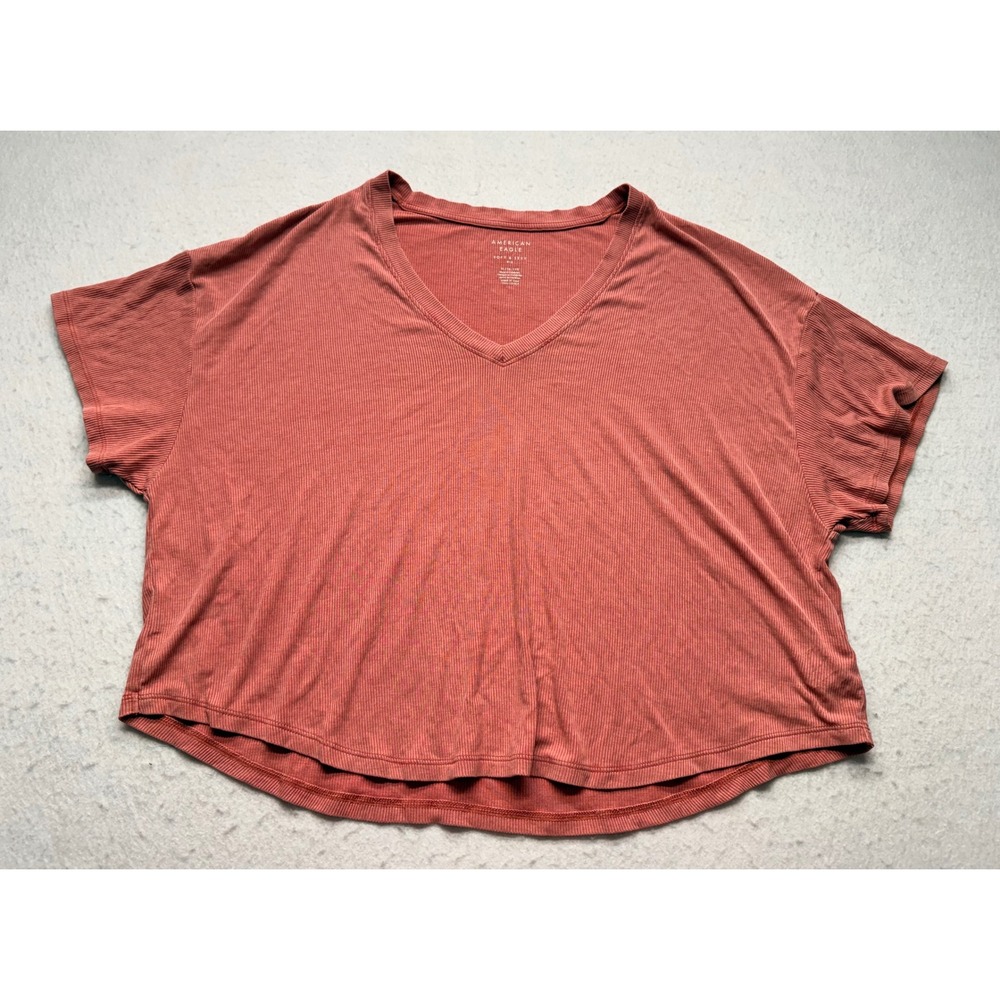 American Eagle Soft & Sexy Ribbed V-Neck Top Rust Terracotta XL Short Sleeve